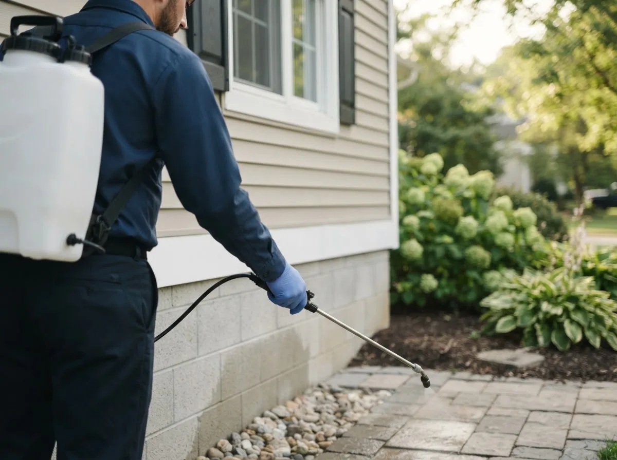 Pest control technician inspecting a home in Kentwood, MI